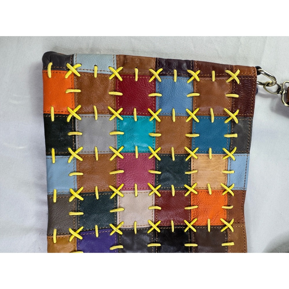 AmeriLeather Patchwork Leather Crossbody Bag Multicolor Whipstitch Hobo - Picture 7 of 16